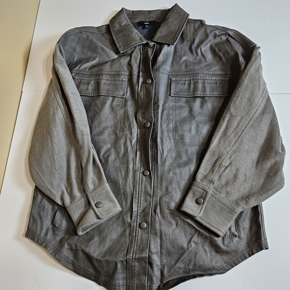 FATE Womens Snap Front‎ Shacket Jacket Small Olive Faux Leather Knit Sleeve